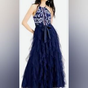 Teeze Me Navy Blue Floral Ruffled Tiered Prom Gown Size 3/4 NWOT